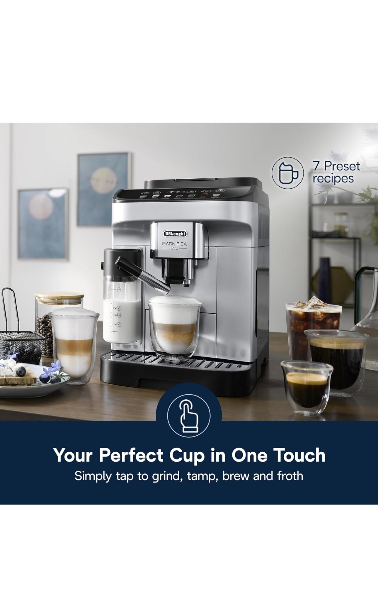 De'Longhi Magnifica Evo Automatic Espresso & Coffee Machine with Auto Milk Frother, Built-in Grinder & Auto-Clean Function - For Latte, Cappuccino, Americano, Iced Coffee, ECAM29084SB , Silver