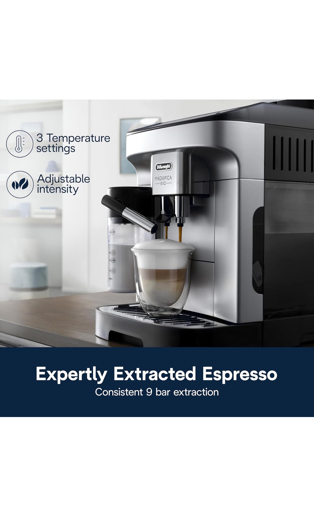 De'Longhi Magnifica Evo Automatic Espresso & Coffee Machine with Auto Milk Frother, Built-in Grinder & Auto-Clean Function - For Latte, Cappuccino, Americano, Iced Coffee, ECAM29084SB , Silver