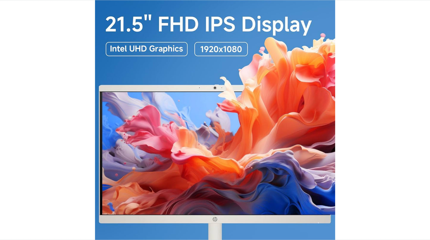 HP All in one Desktop Computer, 21.5" FHD Display, 32 GB RAM, 1 TB SSD, Intel Celeron J4025, Webcam, Intel UHD Graphics, Wi-Fi 6, Bluetooth, HDMI, Windows 11 Pro, Wired KB & Mouse, w/RH-Accessories