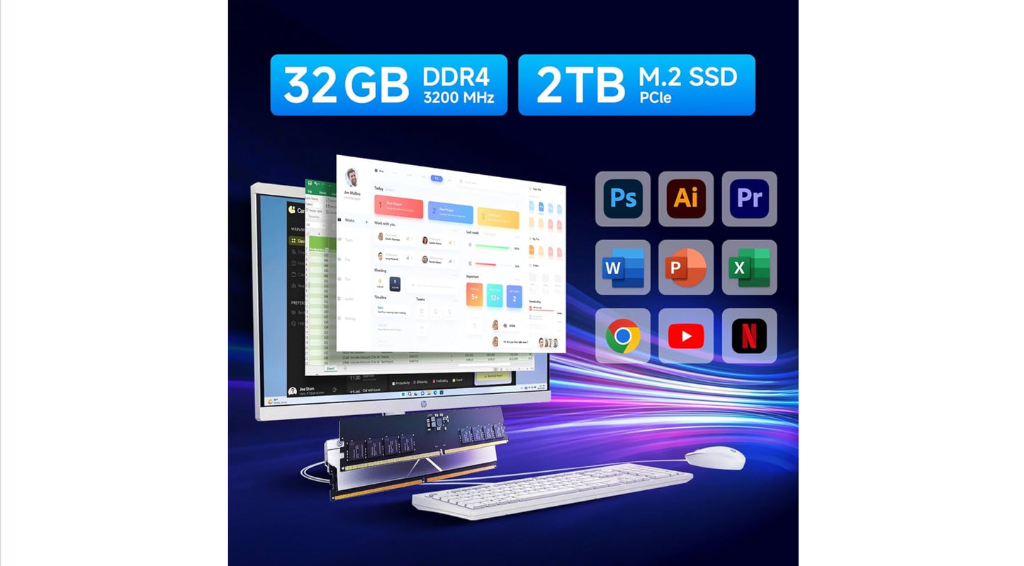 HP All in one Desktop Computer, 21.5" FHD Display, 32 GB RAM, 1 TB SSD, Intel Celeron J4025, Webcam, Intel UHD Graphics, Wi-Fi 6, Bluetooth, HDMI, Windows 11 Pro, Wired KB & Mouse, w/RH-Accessories