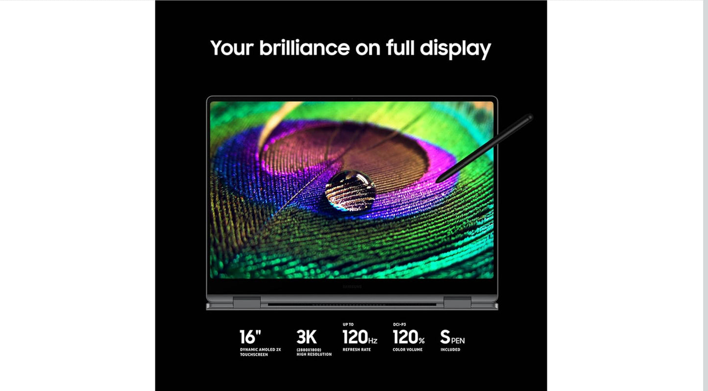 SAMSUNG 16” Galaxy Book5 Pro 360 Copilot+ PC, AI Business Laptop, Windows 11 Pro, Intel Core Ultra 7 Processor 256V, 3K AMOLED Touchscreen, 16GB / 512GB, 120HZ, 2025 Model, NP964QHA-KG1US, Gray