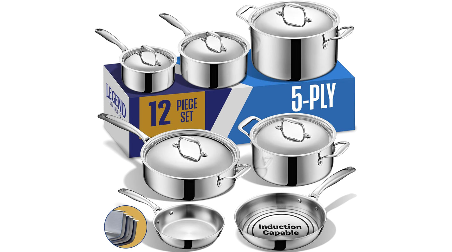 LEGEND COOKWARE Stainless Steel Cookware Set | 5 Ply 12-Piece Pot and Pan Set Induction Compatible, Non-Toxic | Best Heavy Duty 18/8 Full Clad Construction | Oven Safe Even Heating PFOA PTFE PFOS Free