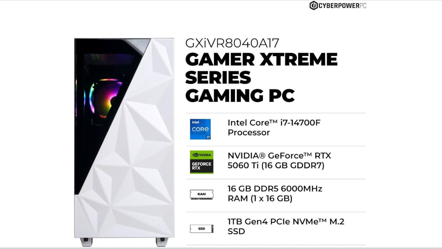 CyberPowerPC Gamer Xtreme VR Gaming PC, Intel Core i7-14700F 2.1GHz, GeForce RTX 5060 Ti 16GB, 16GB DDR5, 1TB PCIe 4.0 SSD, WiFi Ready & Windows 11 Home (GXiVR8040A17)