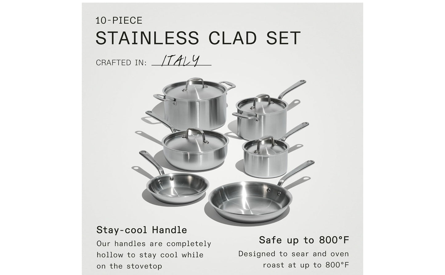 Made In Cookware - 10 Piece Stainless Steel Pot and Pan Set - 5 Ply Clad - Includes Stainless Steel Frying Pans, Saucepans, Saucier and Stock Pot W/Lid - Professional Cookware - Crafted in Italy