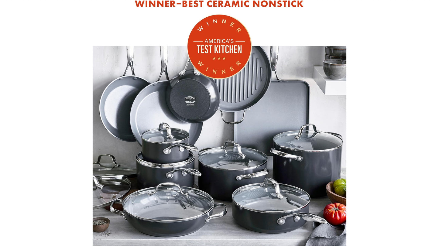 GreenPan 22 Piece Valencia Pro Ceramic Nonstick Cookware Set, PFAS-Free, Induction Ready, Hard Anodized Pots & Pans with Lids, Compatible on All Cooktops, Dishwasher & Oven Safe, Gray