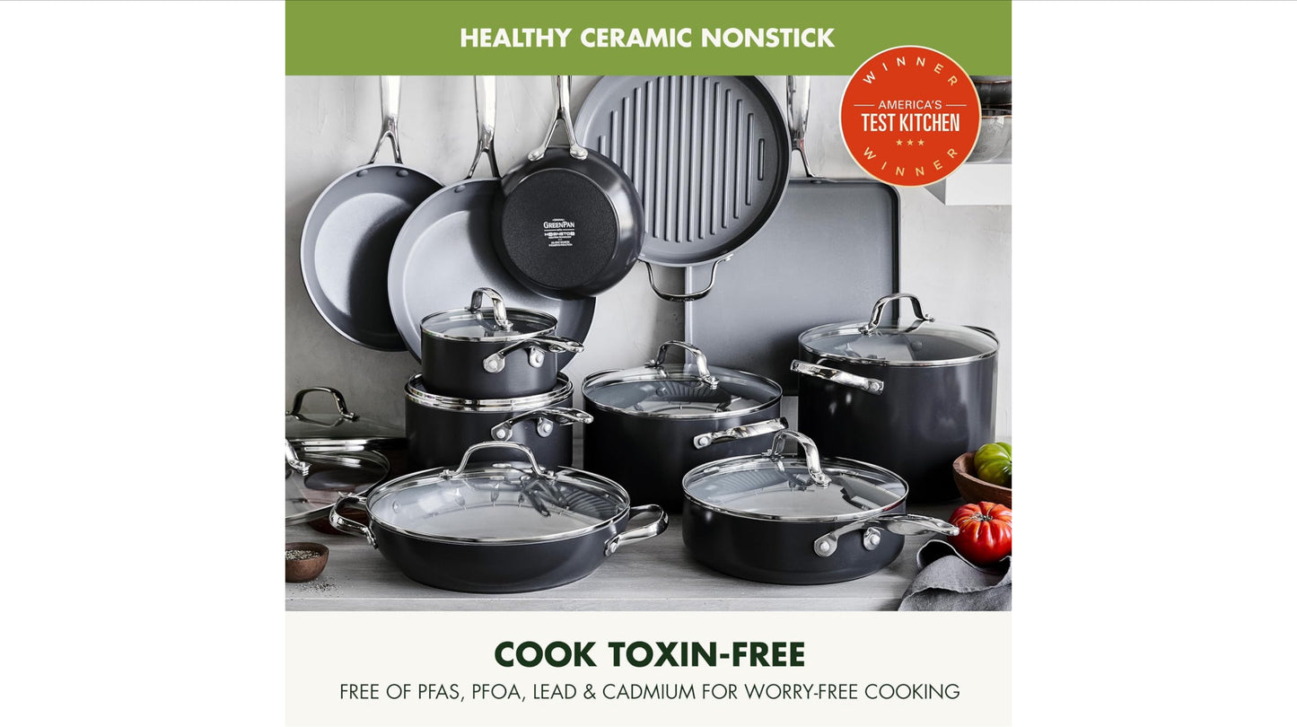 GreenPan 22 Piece Valencia Pro Ceramic Nonstick Cookware Set, PFAS-Free, Induction Ready, Hard Anodized Pots & Pans with Lids, Compatible on All Cooktops, Dishwasher & Oven Safe, Gray