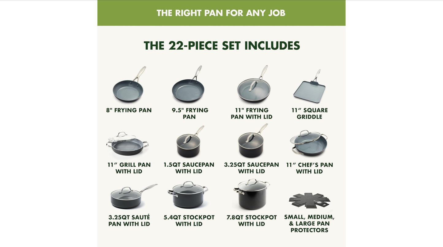 GreenPan 22 Piece Valencia Pro Ceramic Nonstick Cookware Set, PFAS-Free, Induction Ready, Hard Anodized Pots & Pans with Lids, Compatible on All Cooktops, Dishwasher & Oven Safe, Gray