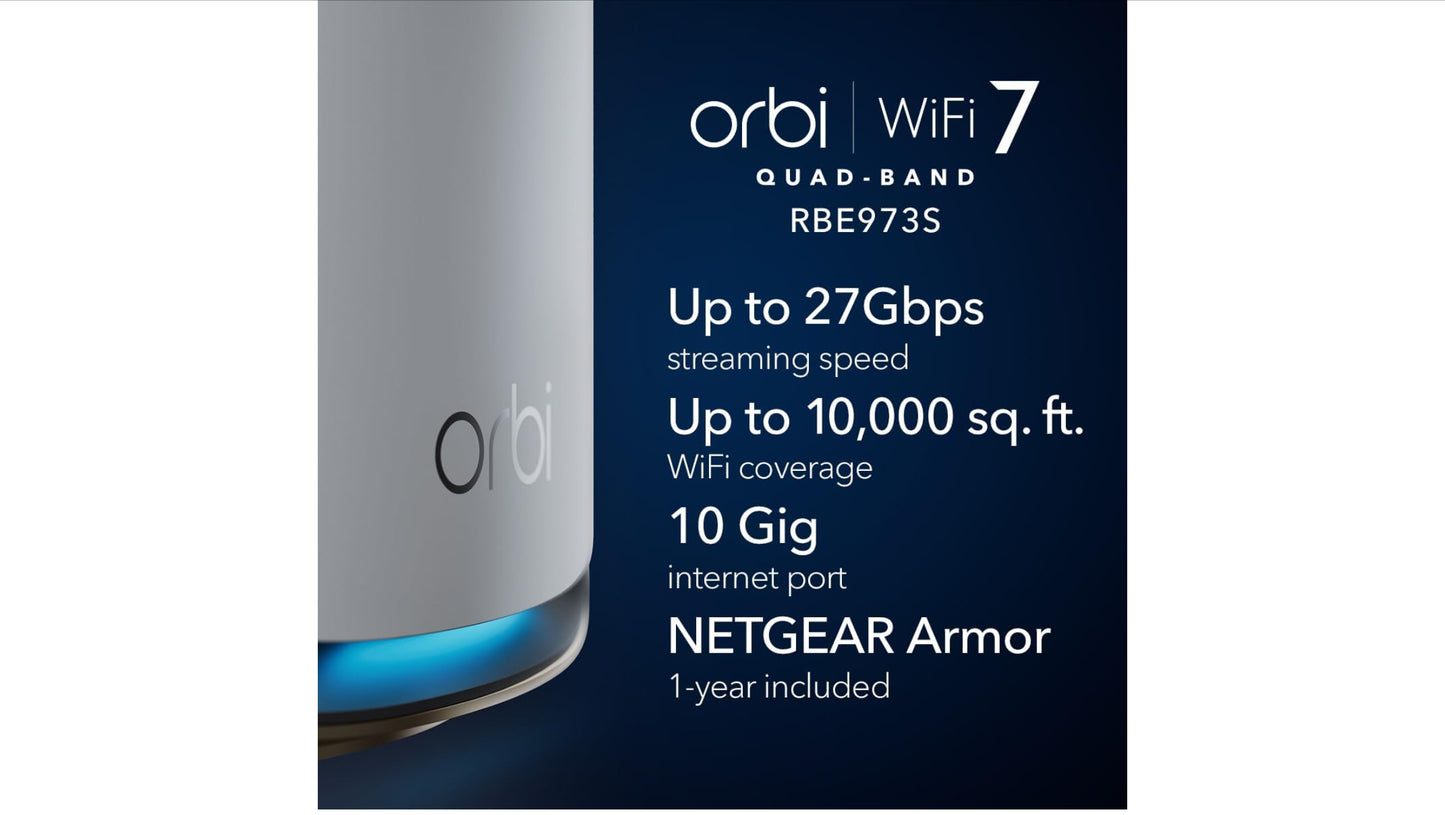 NETGEAR Orbi 970 Series Quad-Band WiFi 7 Mesh Network System (RBE973S), Router + 2 Satellite Extenders, Security Features, Up to 27Gbps, Covers Up to 10,000 sq. ft., 200 Devices, 10 Gig Internet Port