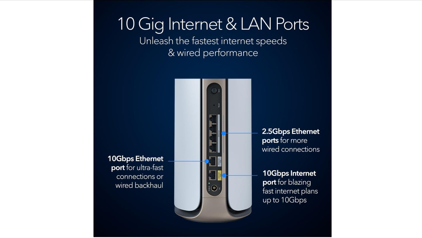 NETGEAR Orbi 970 Series Quad-Band WiFi 7 Mesh Network System (RBE973S), Router + 2 Satellite Extenders, Security Features, Up to 27Gbps, Covers Up to 10,000 sq. ft., 200 Devices, 10 Gig Internet Port