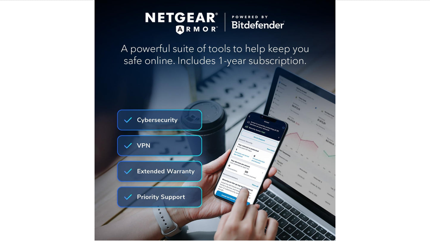 NETGEAR Orbi 970 Series Quad-Band WiFi 7 Mesh Network System (RBE973S), Router + 2 Satellite Extenders, Security Features, Up to 27Gbps, Covers Up to 10,000 sq. ft., 200 Devices, 10 Gig Internet Port