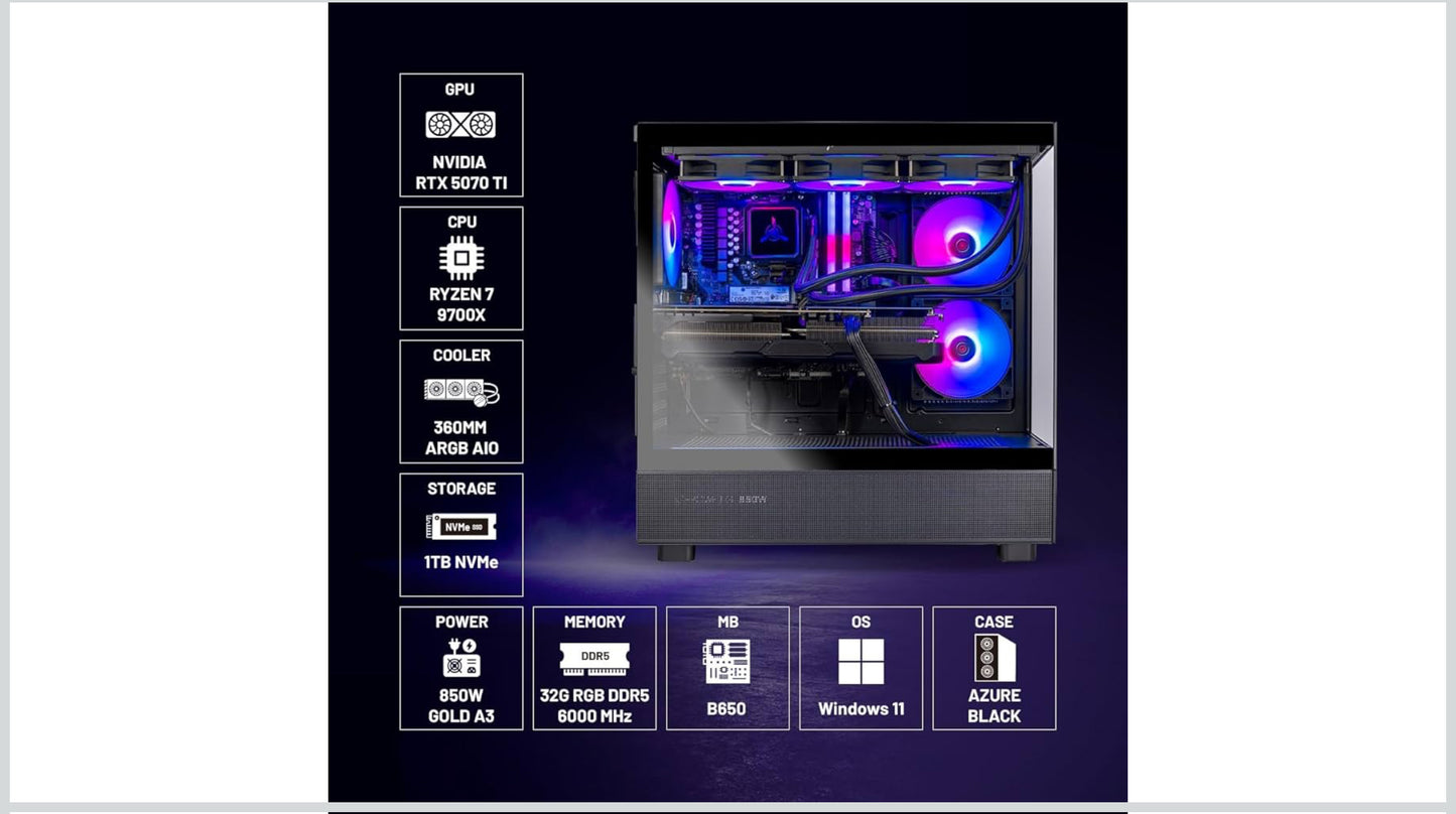 Skytech Gaming Azure 3 Desktop PC, Ryzen 7 9700X 3.8 GHz (5.5GHz), NVIDIA RTX 5070 Ti 16GB, 1TB Gen4 NVMe SSD, 32GB DDR5 RAM 6000 RGB, 850W Gold ATX 3 PSU, 360mm ARGB AIO, Wi-Fi, Win 11