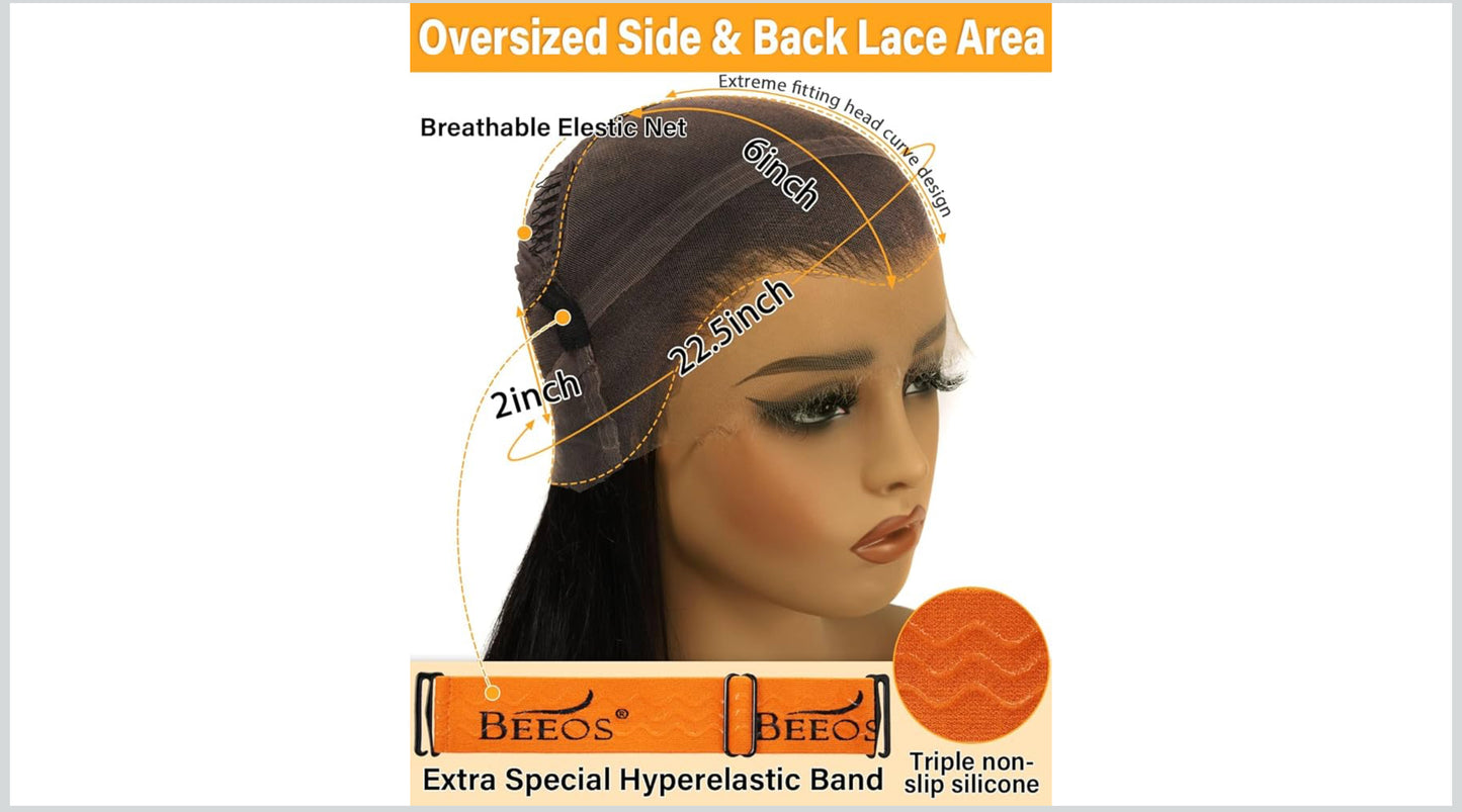 BEEOS 250% Density 360 SKINLIKE Real HD Lace Frontal Wig, 0.1mm Ultra-thin HD Lace Pre-Plucked Bleached Knots Human Hair Wig Straight 28 Inch