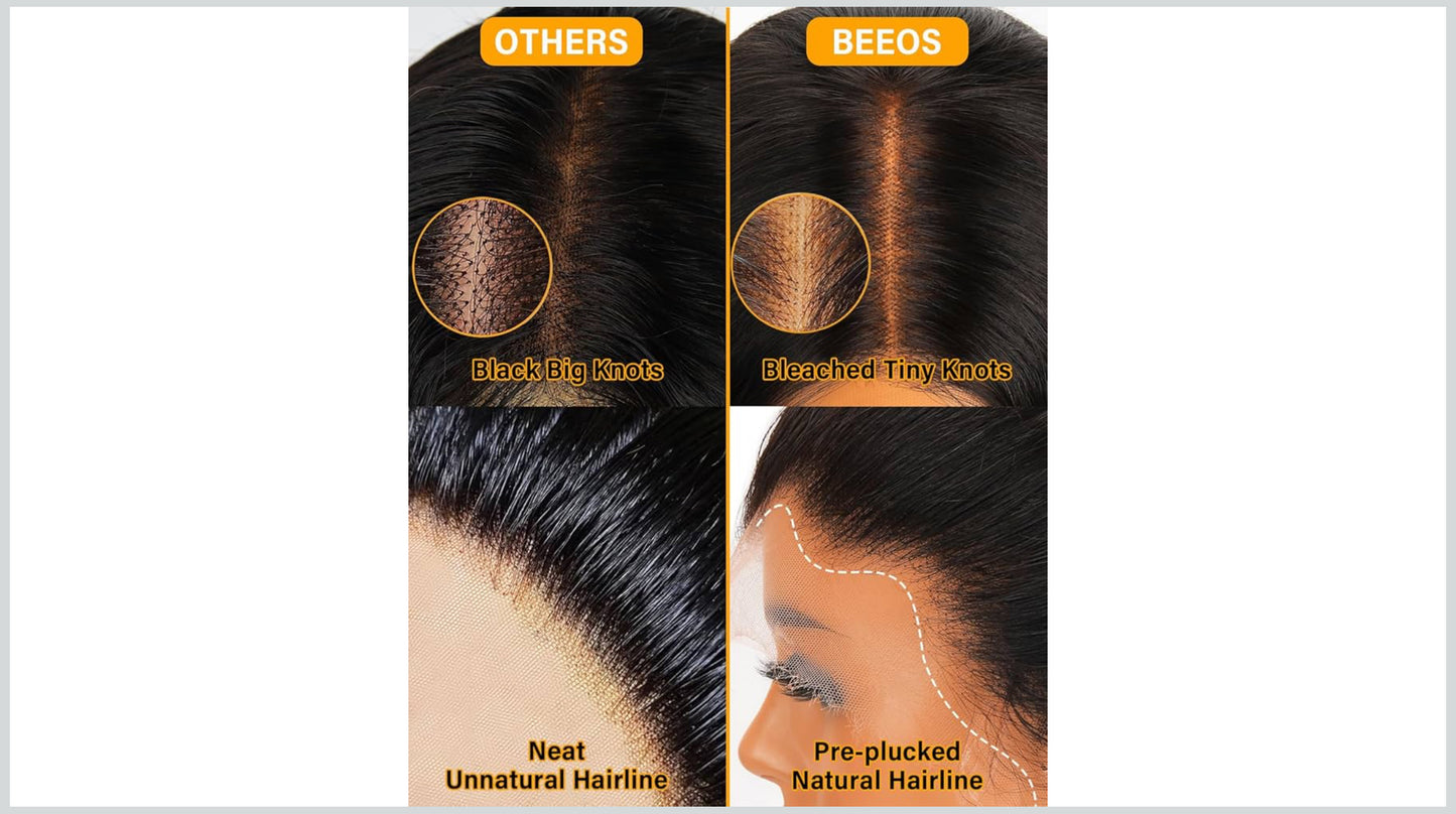 BEEOS 250% Density 360 SKINLIKE Real HD Lace Frontal Wig, 0.1mm Ultra-thin HD Lace Pre-Plucked Bleached Knots Human Hair Wig Straight 28 Inch