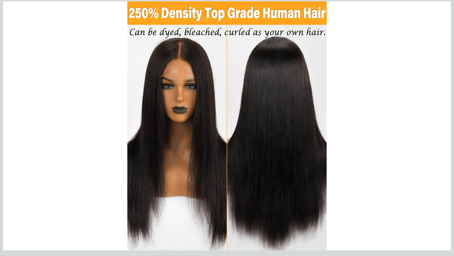 BEEOS 250% Density 360 SKINLIKE Real HD Lace Frontal Wig, 0.1mm Ultra-thin HD Lace Pre-Plucked Bleached Knots Human Hair Wig Straight 28 Inch
