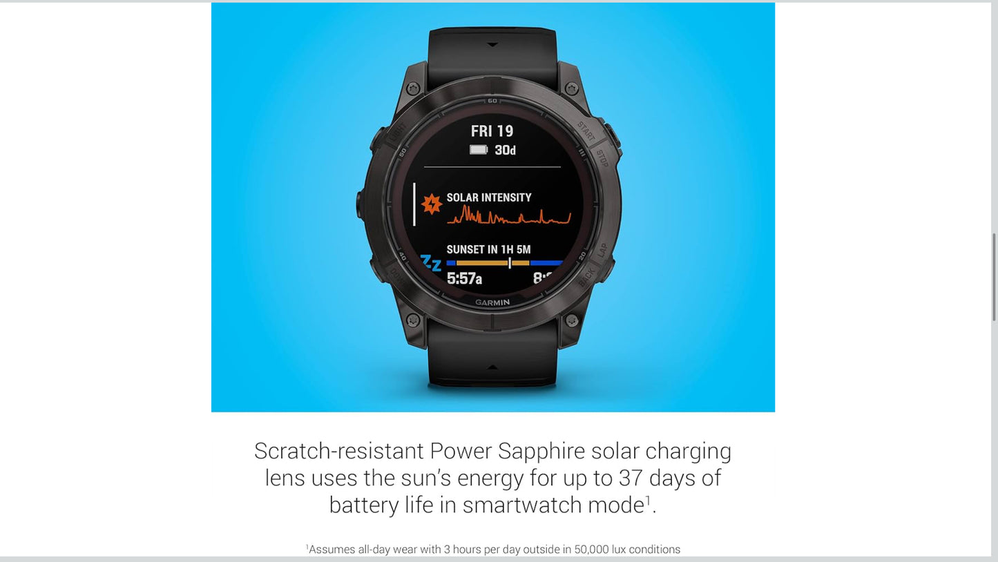 Garmin fēnix 7X Pro Sapphire Solar, Multisport GPS Smartwatch, Built-in Flashlight, Solar Charging Capability, Black