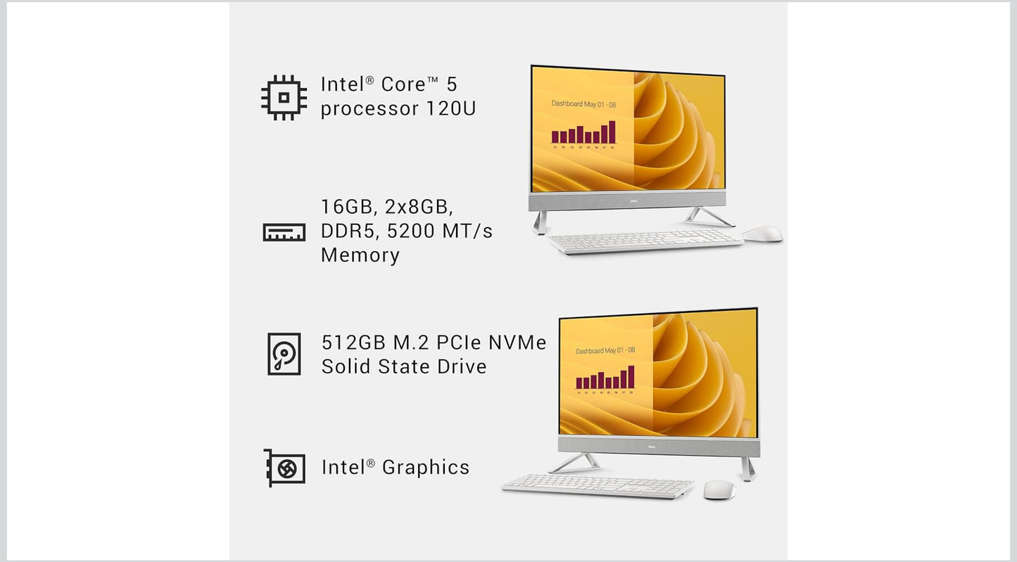 Dell 27 All-in-One Desktop ec27250-27-inch FHD (1920 x 1080) Display, Intel Core 5 Processor 120U, Intel Graphics, 16GB DDR5 RAM, 512GB SSD, Windows 11 Home, Onsite Service - White
