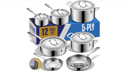 LEGEND COOKWARE Stainless Steel Cookware Set | 5 Ply 12-Piece Pot and Pan Set Induction Compatible, Non-Toxic | Best Heavy Duty 18/8 Full Clad Construction | Oven Safe Even Heating PFOA PTFE PFOS Free