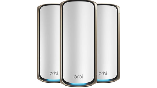 NETGEAR Orbi 970 Series Quad-Band WiFi 7 Mesh Network System (RBE973S), Router + 2 Satellite Extenders, Security Features, Up to 27Gbps, Covers Up to 10,000 sq. ft., 200 Devices, 10 Gig Internet Port