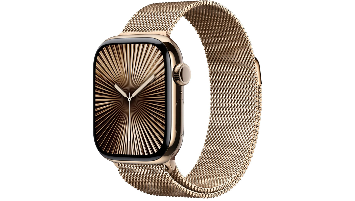 Apple Watch Series 10 [GPS + Cellular 42mm case] Smartwatch with Gold Titanium Case with Gold Milanese Loop. Fitness Tracker, ECG App, Always-On Retina Display, Carbon Neutral