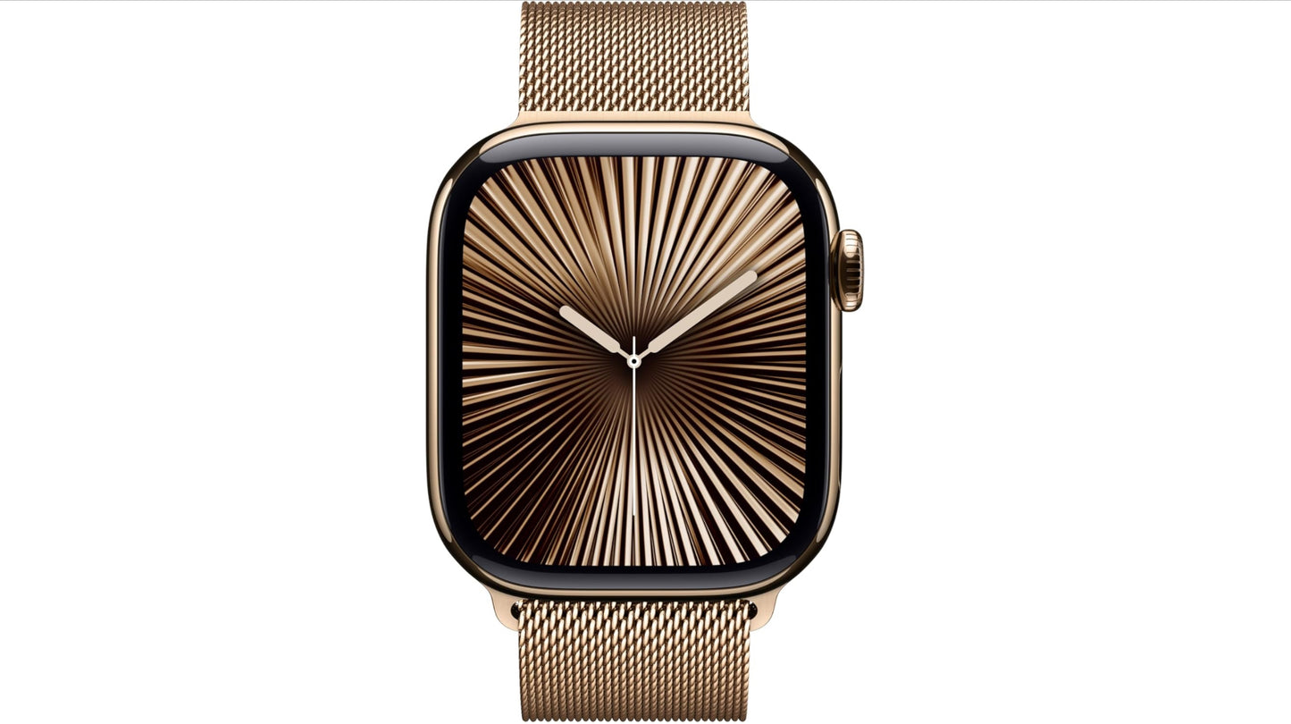 Apple Watch Series 10 [GPS + Cellular 42mm case] Smartwatch with Gold Titanium Case with Gold Milanese Loop. Fitness Tracker, ECG App, Always-On Retina Display, Carbon Neutral