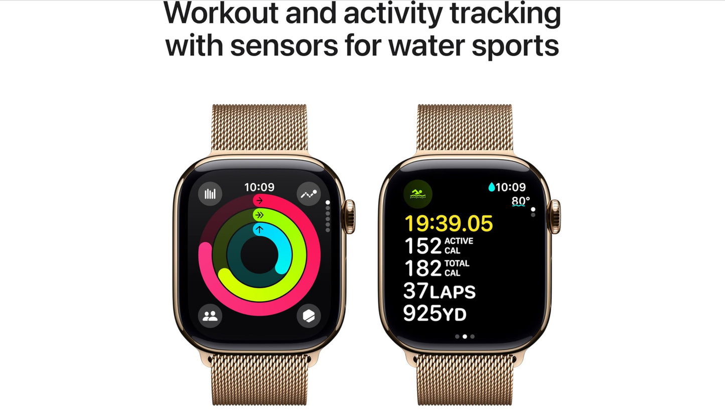 Apple Watch Series 10 [GPS + Cellular 42mm case] Smartwatch with Gold Titanium Case with Gold Milanese Loop. Fitness Tracker, ECG App, Always-On Retina Display, Carbon Neutral